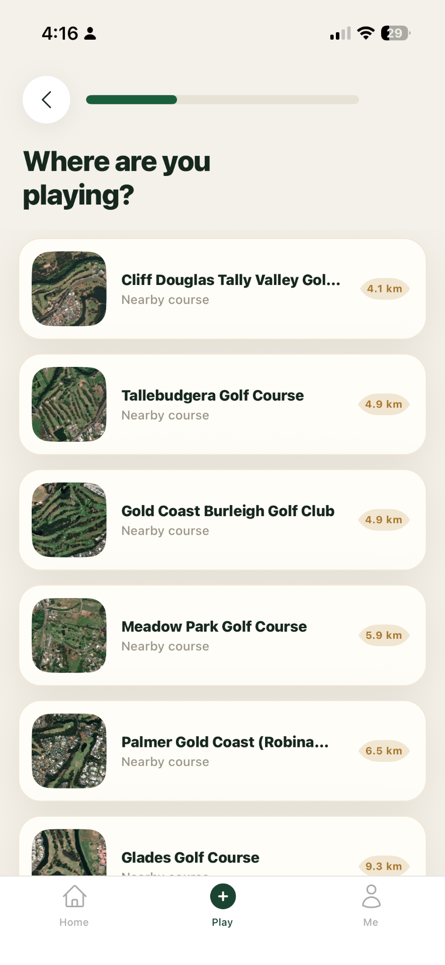 Course picker showing nearby golf clubs sorted by distance
