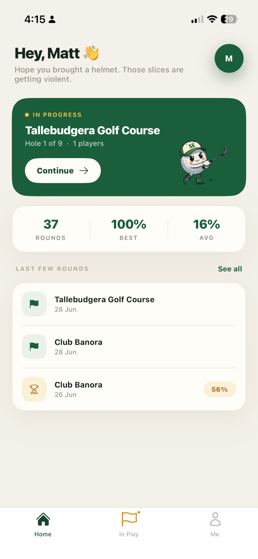 Scrambled Eggs Golf home screen with an in-progress round at Tallebudgera