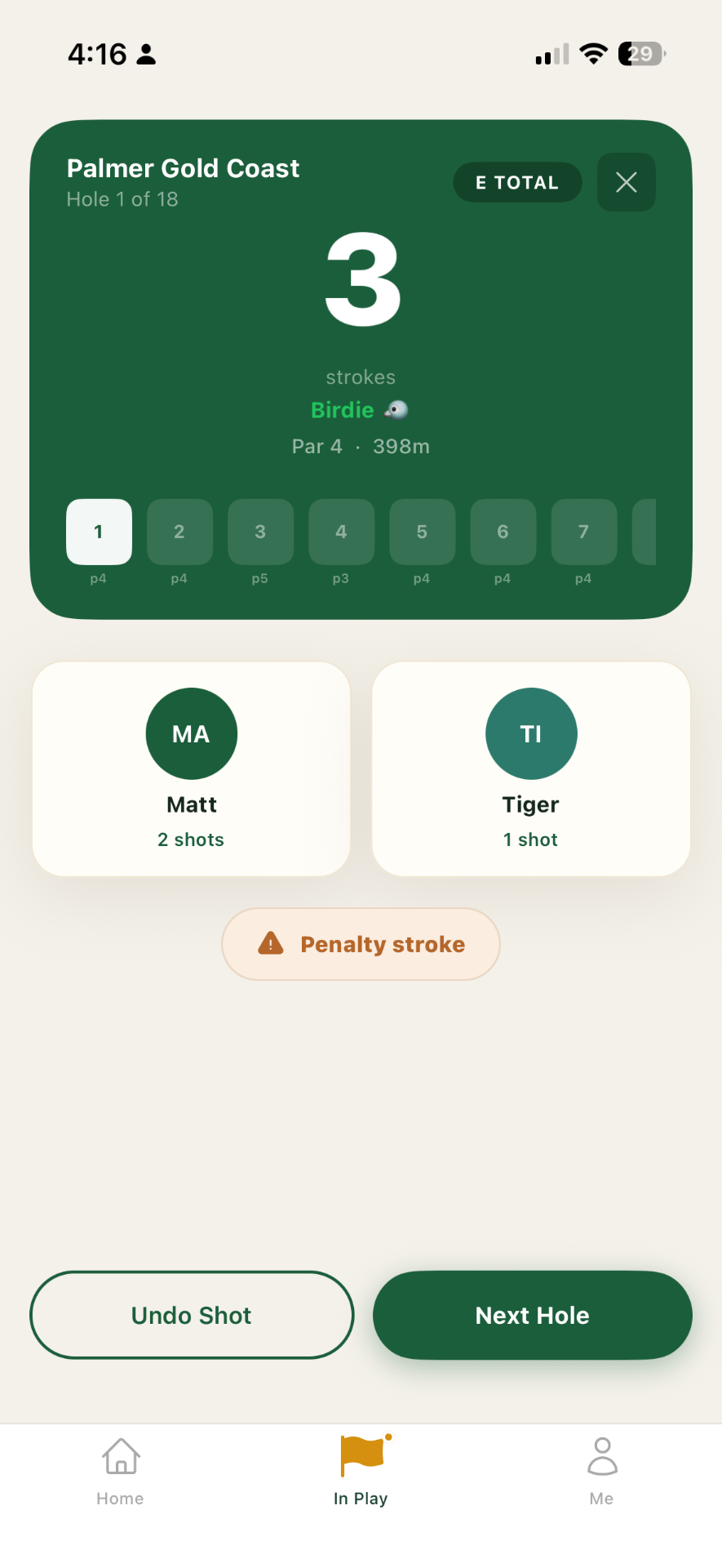 Live scoring screen showing strokes, players, and penalty stroke option